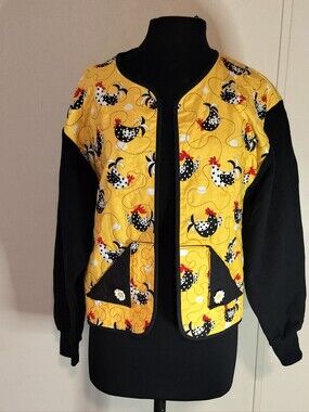 Yellow Chicken Print Quilted Jacket with Black Sleeves